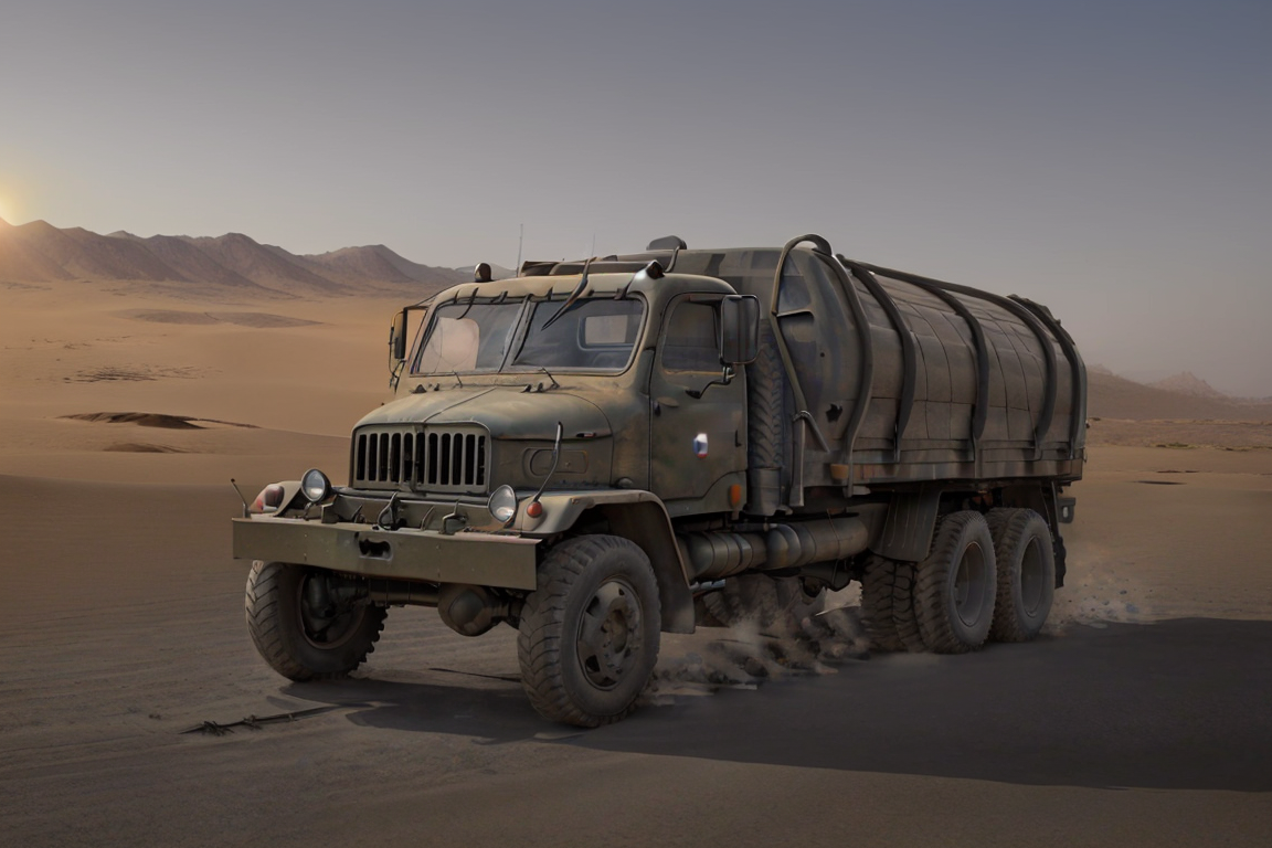 50794-4082567986-(military cargo truck v3s_1.1)   ,  volumetric lights, mist, cinematic, desert, sunrise, sun low.png